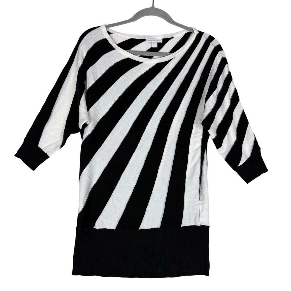 New York & Company Sweater Womens Medium Black Stripe Tunic 3/4 Sleeve Dolman